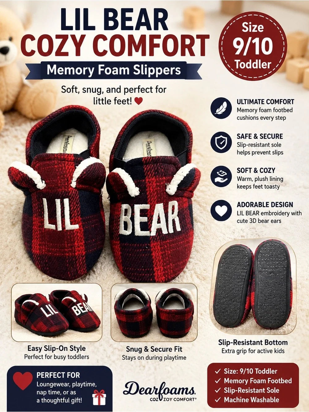 dearfoams Lil Bear Red and Black Plaid Memory Foam Slippers - Kids